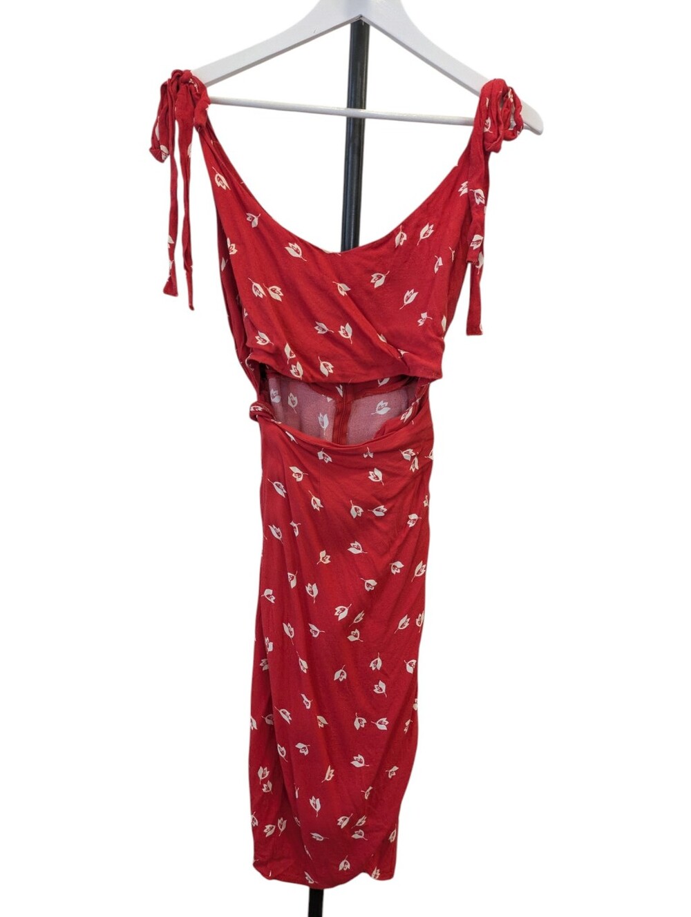 Reformation Belinda Wrap Dress 12 Jeanne Red Floral Print Shoulder Tie Cutout